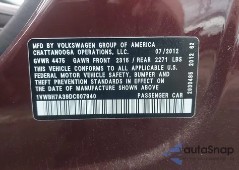 2013 Volkswagen Passat 2.5L Se из США, поврежденный, VIN 1VWBH7A39DC007940